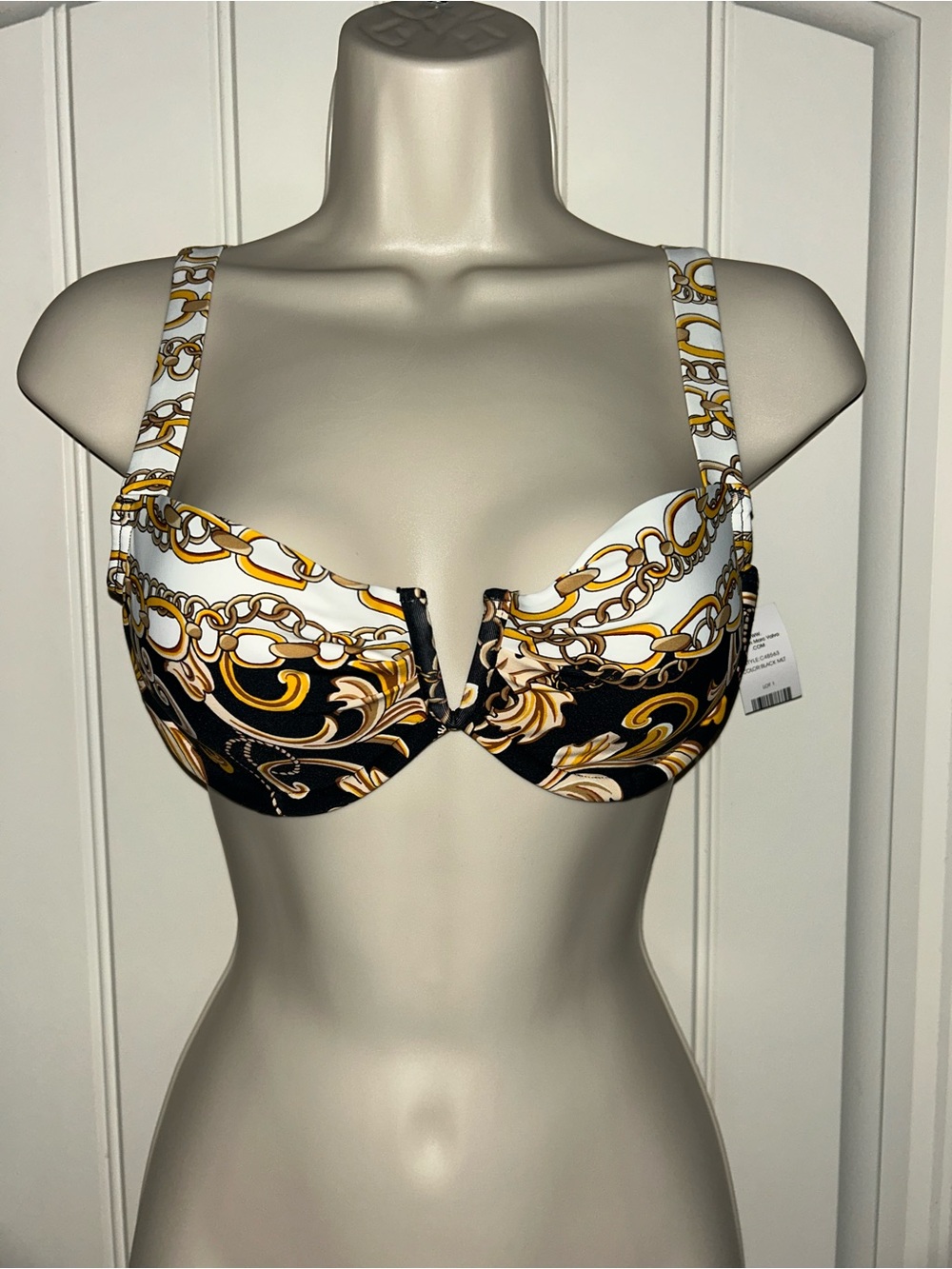 NWT Carmen Marc Valvo Chain-Print Underwire Bikini Top White, Black & Gold Sz XS